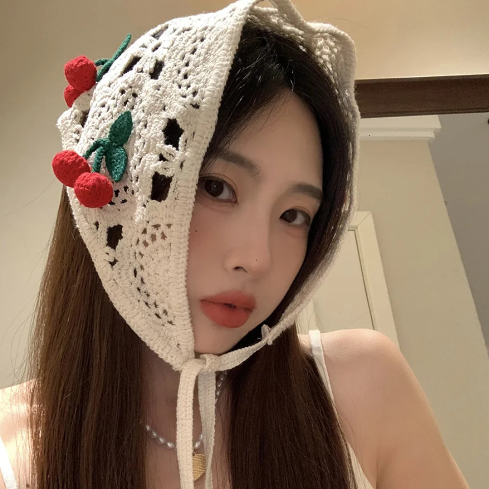 Knitted Triangle Headband Cute Little Cherry French Pastoral Style Headband Towel Handmade Crochet Headscarf Hat Girls 250610