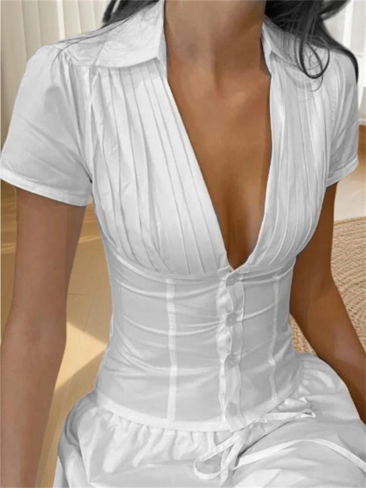 Women Summer Tops Fashion Style V-Neck Button Down Short Sleeve Shirts Casual Chic Blouses 250614