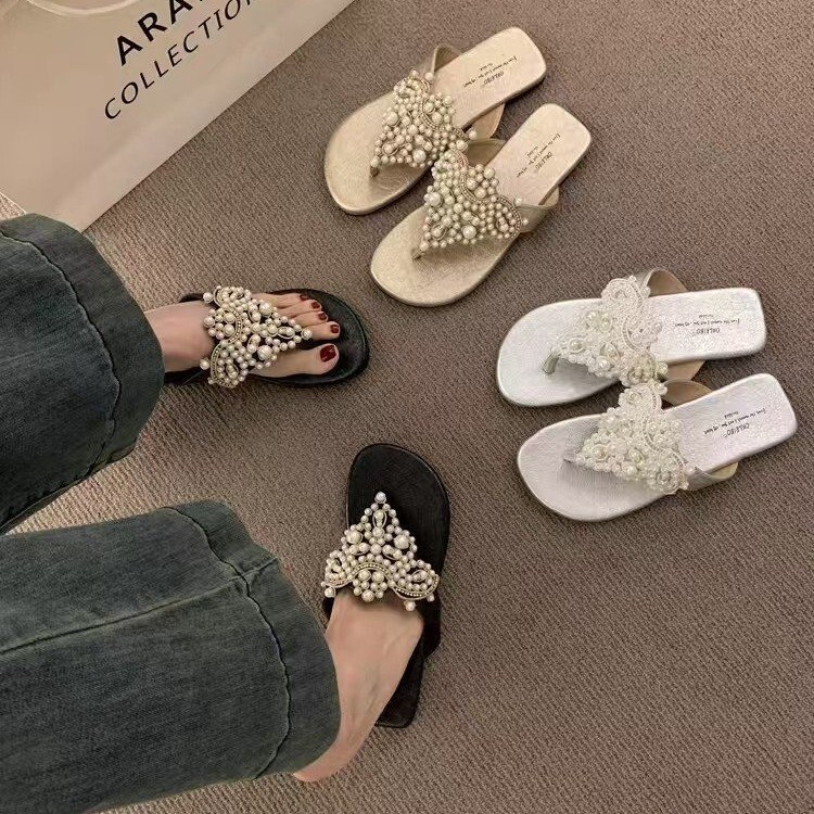 Fairy style shoes, women's summer outdoor sandals, new retro bohemian flip flops, pearl beach women's sandals, designer sandals