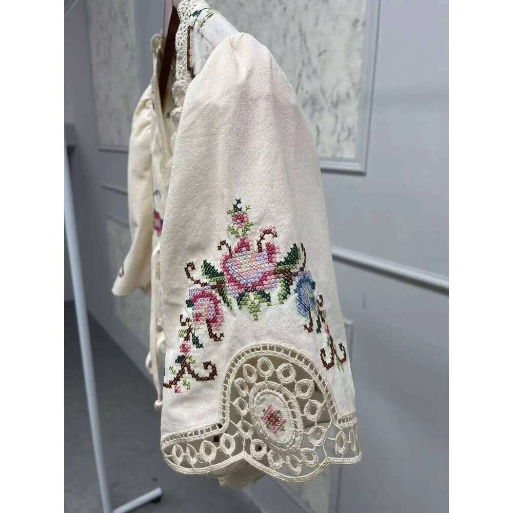 Women Floral Embroidery Short Blouse Lace-Up V-Neck Hollow Out Autumn 2024 Lady Cotton Linen Blend Sweet Fashion Shirt