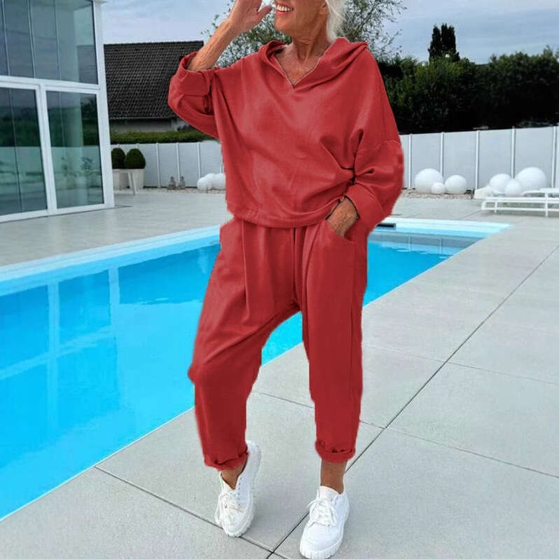 European American Autumn Women's Solid Color Hooded Sweatshirt Two-Piece Set 2025 New Elegant and Unique Fashion