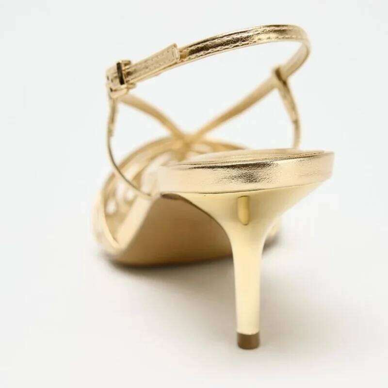 Gold Brand Heels Women Fashion Narrow Strap Hollow Thin High Heel Summer Sandals Sexy Pointed Toe Slingbacks Dress Shoes