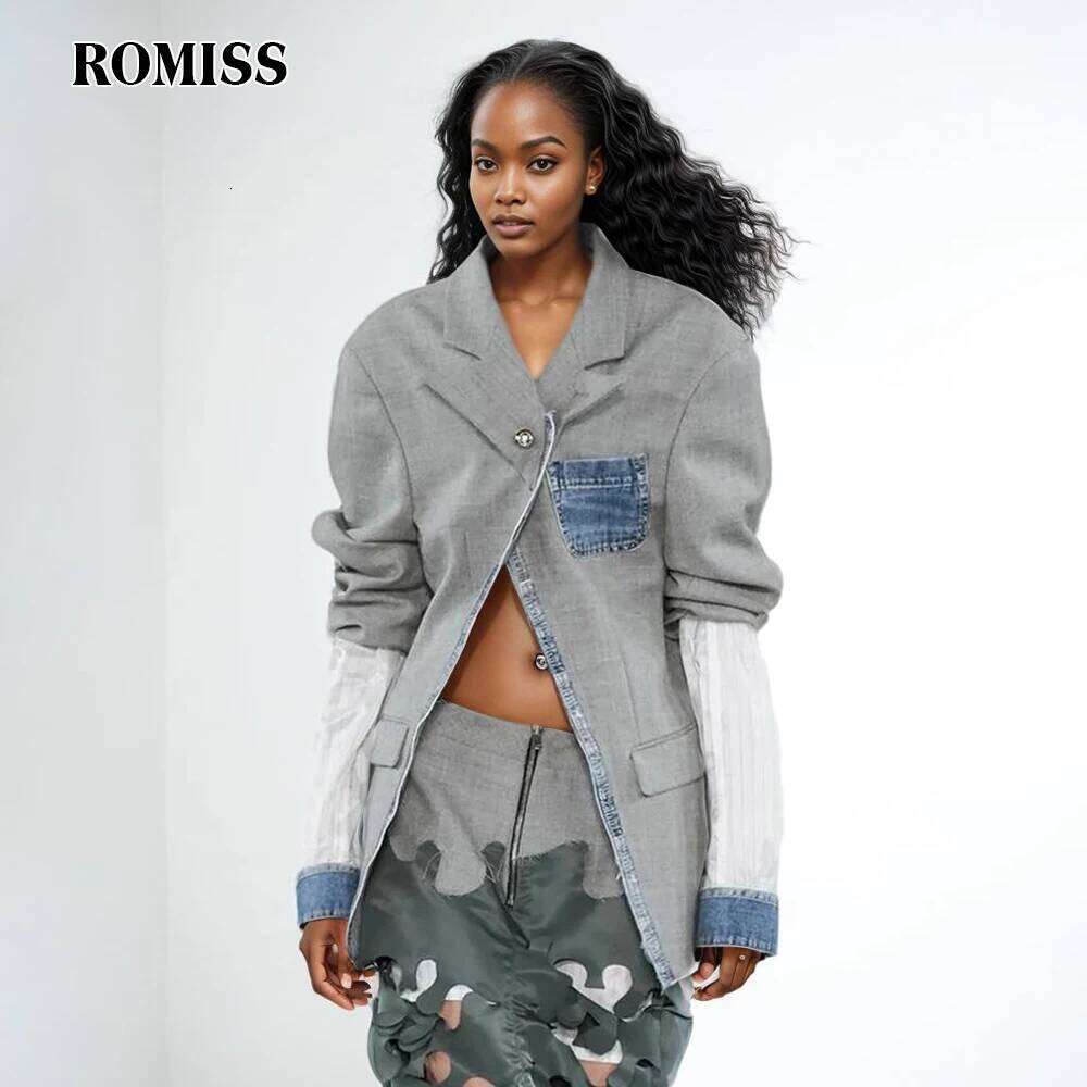 ROMISS Streetwear Colorblock Blazers For Women Notched Collar Long Sleeve Patchwork Denim Casual Temperament Blazer Female New