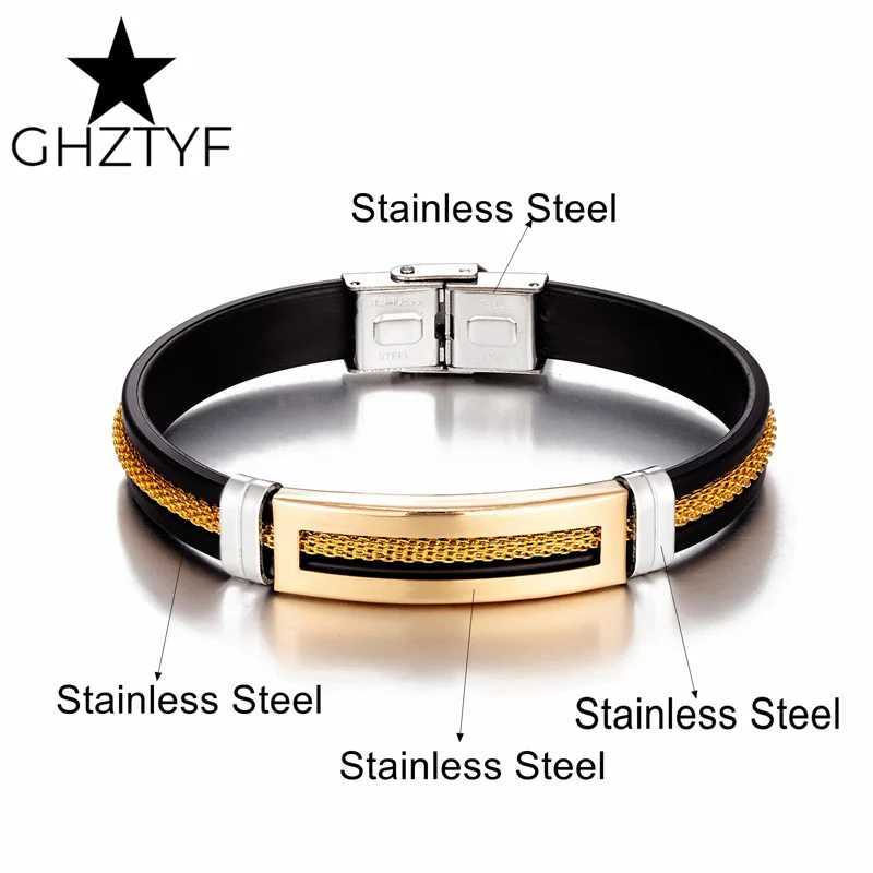 Golden Chain Stainless Steel for Men Women Teens Black Rubber Belt Wristband Cuff Bangle Male Hand Jewelry Gifts Z250616