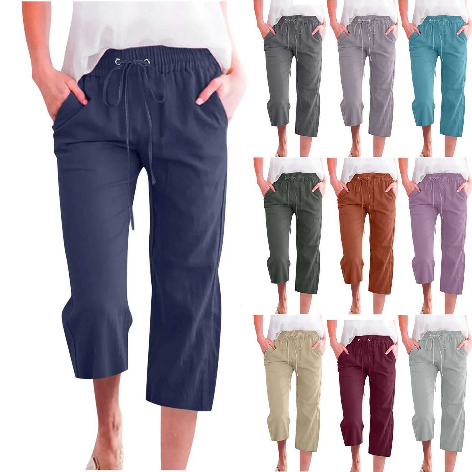 Pants For Women Casual Summer Solid Color Elastic High Waist Cotton And Linen Loose Pants Drstring Pocket Mid Leg PantsXJ250616