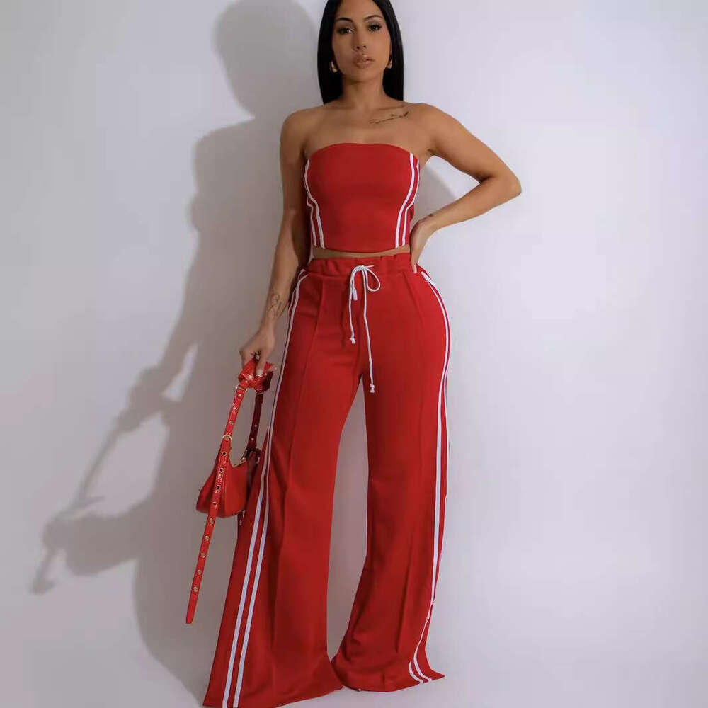 Summer New Solid Color Striped Short Slim Sexy Tube Top Tie Wide Leg Pants Set B5