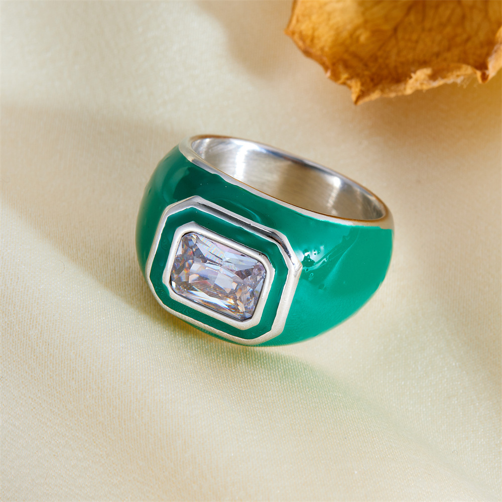 Fashion Style Personality Versatile Square Zircon Enamel Drip Oil Color Titanium Steel Non-Fading Ring