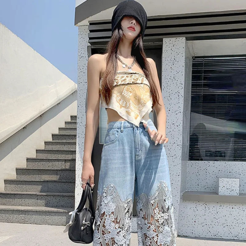Lace with Print Holes Pants for Women Ripped Torn Graphic Trousers High Waist S Pattern Straight Leg Womens Jeans Grunge Y2k 250609