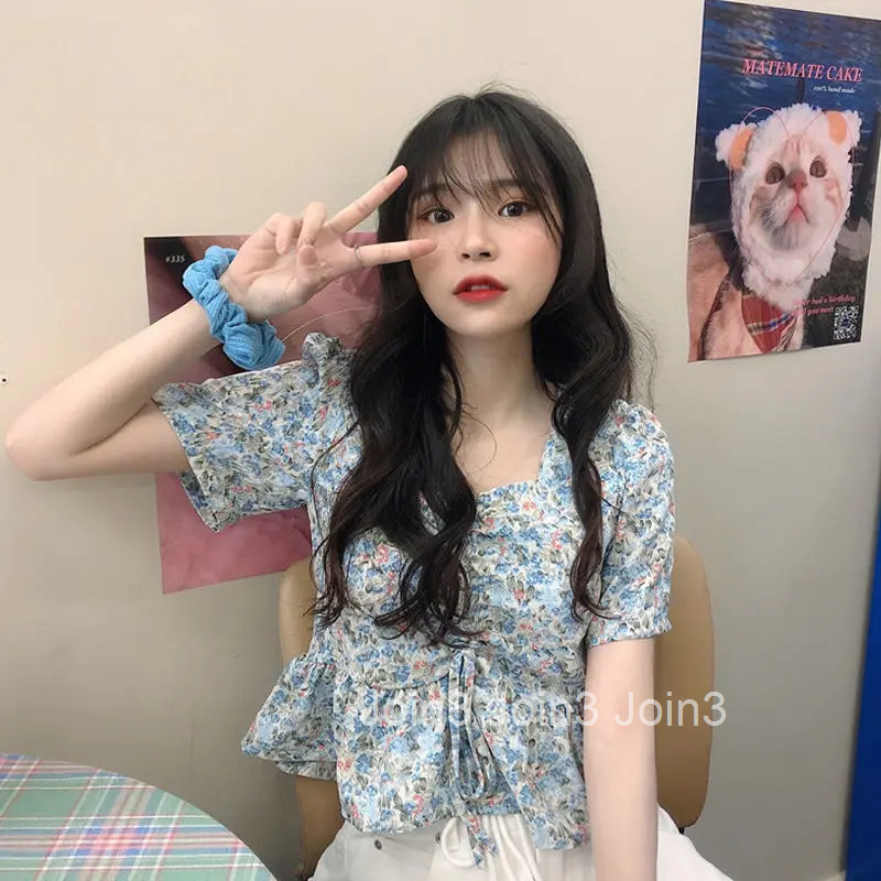 Clothing Short Sleeve Cute Womens Shirts and Blouses Kawaii Top for Woman Crop Floral with Bow Korean Style Modern Long Pretty