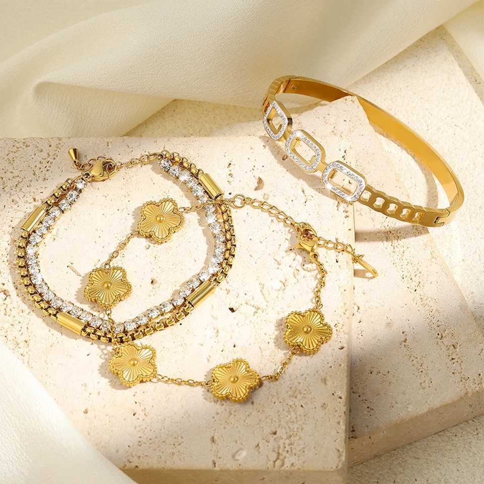 ZAKOL 3Pcs Gold Color Stainless Steel Stacked Bangles for Women Geometric Five- Flower Zircon Inlaid Gift Z250616