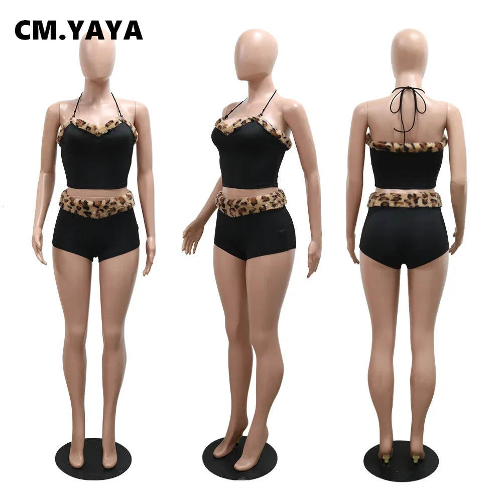 CM.YAYA Womens Set Strapless Sleeveless Leopard Print halter Top and Shorts Suits Street Two 2 Piece Set Outfit Tracksuit 250614