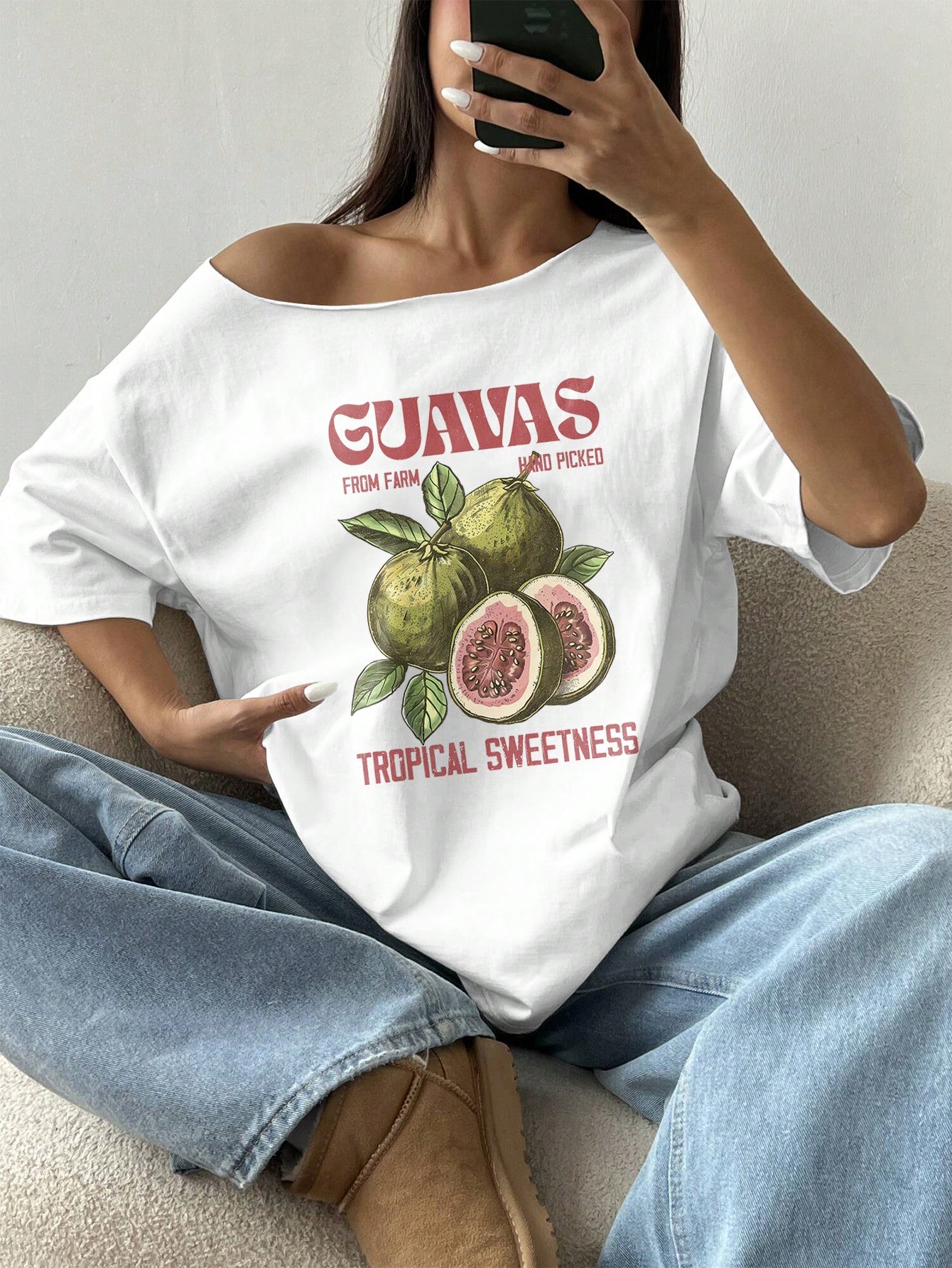 Asymmetrical Neck Oversized Women's T-shirt Loose Pomegranate White Pure Cotton Casual T-shirt