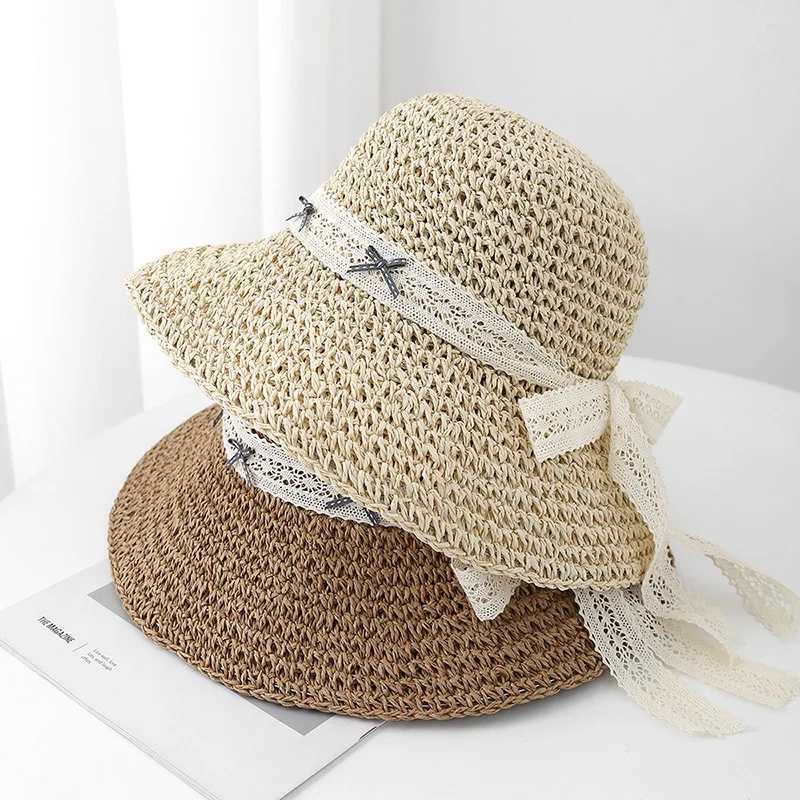 2025 New Korean Style Sun Hats Womens Summer Hat Lace Bow Straw Large Brim Ladies Sunshade Foldable Beach Accessories M250616