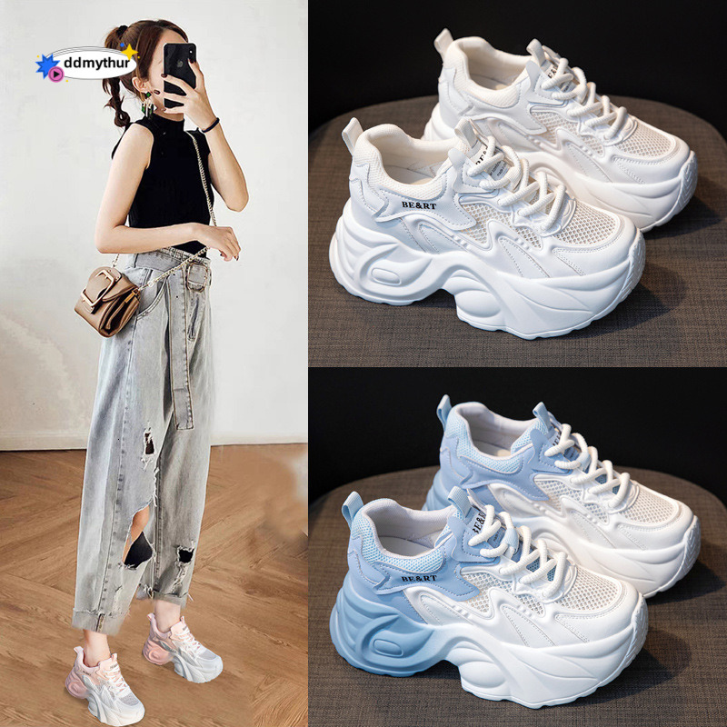 Women's Dad Sneakers 2025 Summer Style Single Mesh Hidden Heel 8CM Height Increase Casual Versatile Thick Sole Color Block Sports Shoes ddmythur