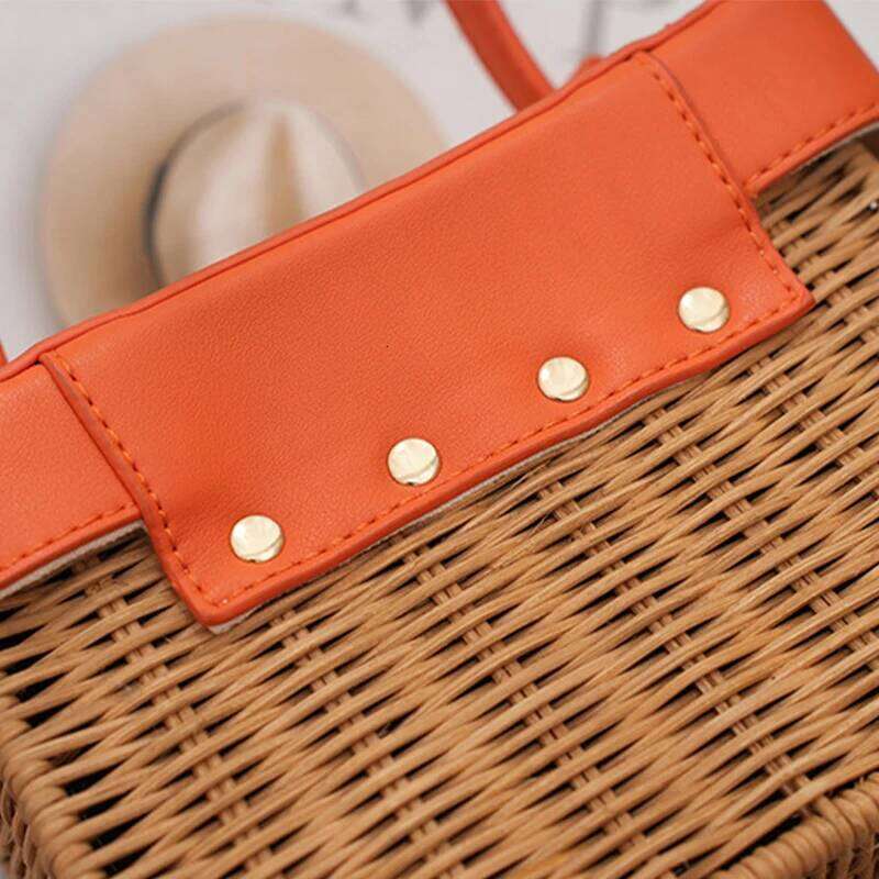 Trend Women's Straw Square Handmade Woven Tote PU Leather Top Handle Rattan Purses Boxes Lady Summer Beach Basket Bags