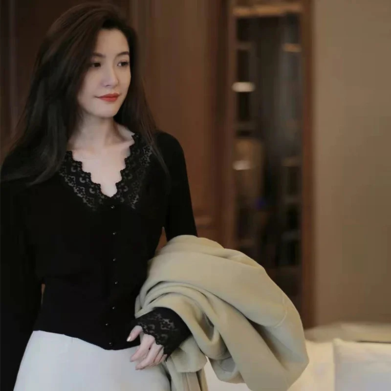 Lace Sweaters for Women Fashion Korean Womens Sweater Trend Long Sleeve Jumper Knitted Harajuku Clothes Crochet Tops Black 250614