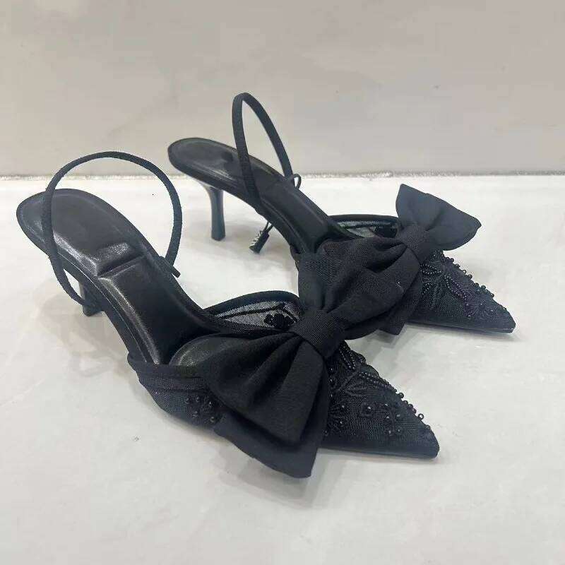 2025 Bowknot Women Pointed Sandals Black Mesh Designer Elegant Formal Footwear Charm Embroider High Heels Ladies Shoes