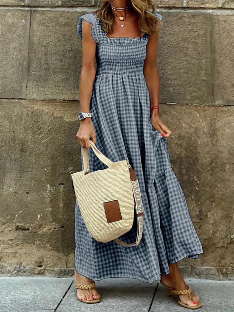 Elegant Plaid Slip Maxi Long Dress Summer Women Strapless Ruffle Backless Pleated Elastic Waist Boho Party Swing Loose Dresses 250614