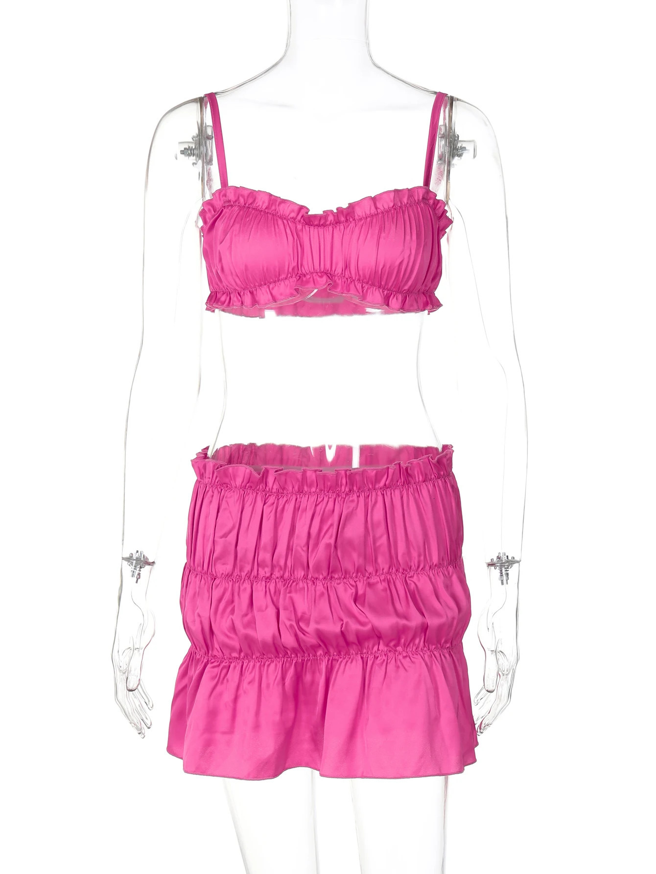 Hugcitar Summer Elegant 2 Pieces Matching Sets Solid Slips Ruched Sexy Crop Camis Skirt Women Clothes Birthday Beach Vacation 250609