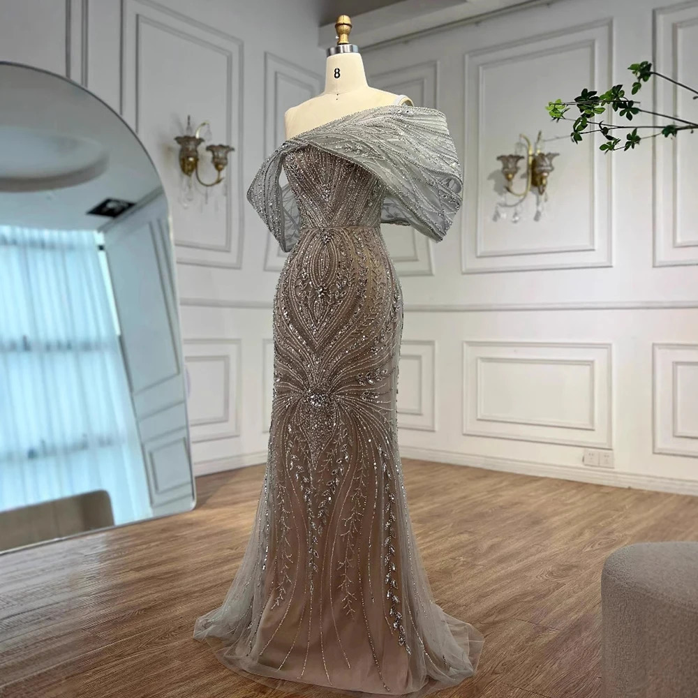 Serene Hill Customized y Off Shoulder Silver Nude Beaded Mermaid Saudi Evening Dress Gown for Formal Occasion LA72878 250612