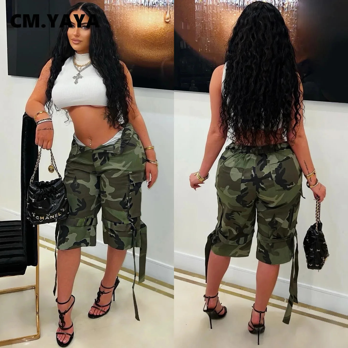 2025 Camouflage Print Cargo Pocket Women Pants Vintage Straight Trousers Streetwear Safari Knee Length s 250616