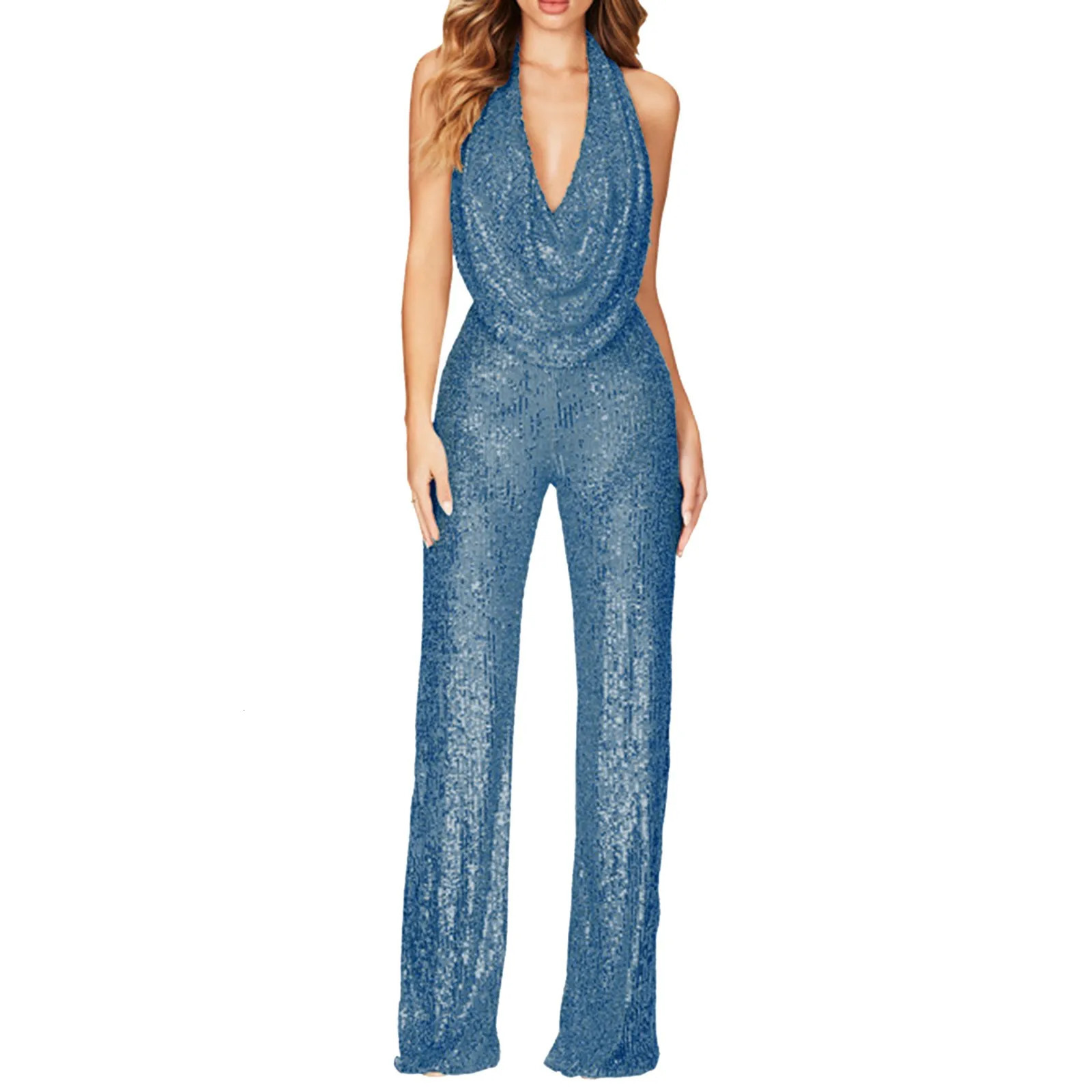 Elegant Women Deep V Wide Leg Jumpsuits Swing Neck Sleeveless Halter OnePiece Fashion Sequin Shiny Party Romper 250612