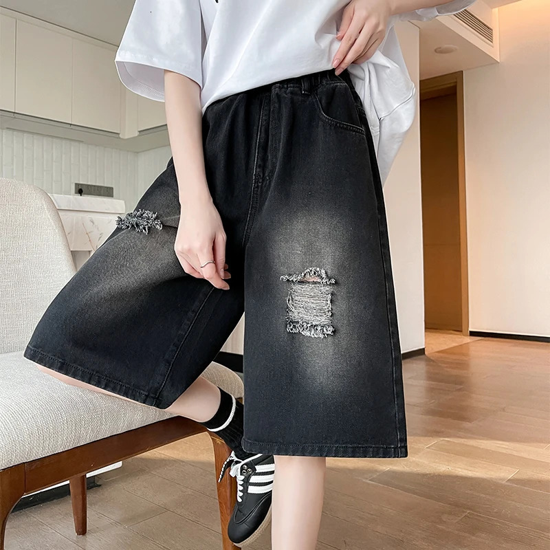 M-6XL Plus Size Denim Shorts For Women Summer High Waist Black Hole Ripped Half Pants Women Black Bermuda Shorts 250609