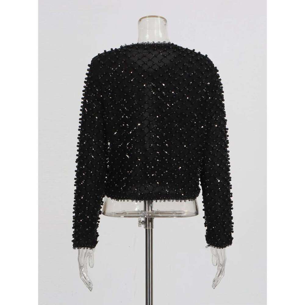 TWOTWINSTYLE Solid Slimming High Street Coat for Women Round Neck Long Sleeves Patchwork Bead Fashion Jackets Female Clothing