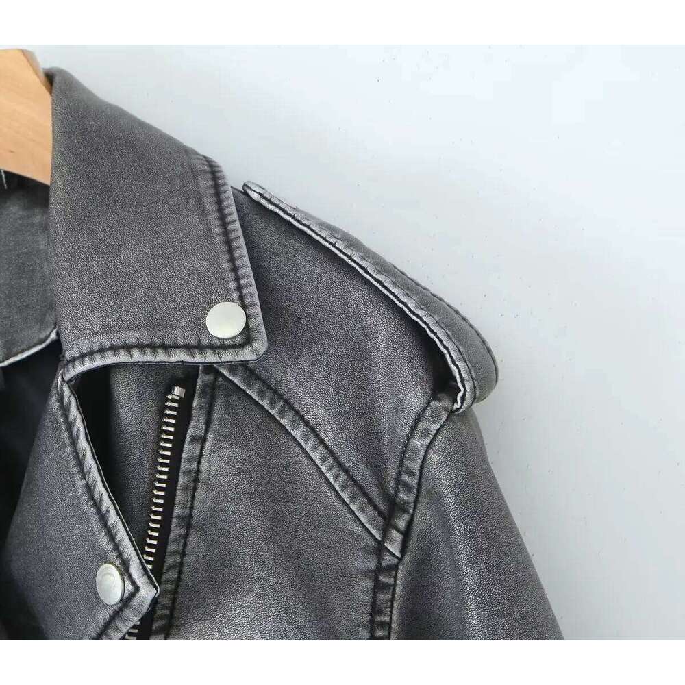 2025 PU Casual Lady Lapel Zipper Leather Motorcycle Coat Spring Autumn Women Faux Jacket