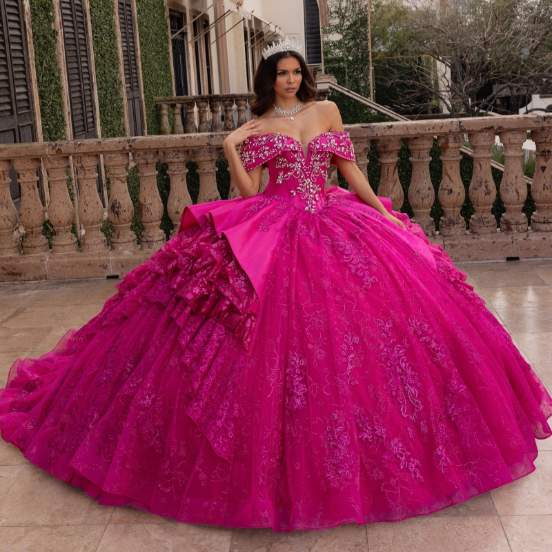 Rose Red Shiny Quinceanera Dresses Ball Gown Off The Shoulder Applique Lace Beading Crystal Tull Sweet 16 Dress Vestidos 15 De Anos