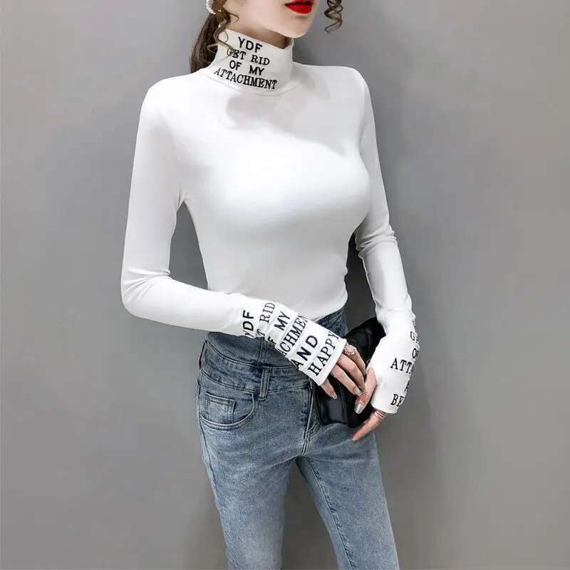 Long Sleeve Top for Women Skinny White T Shirts Female Pulovers Slim Clothes High Quality Tees In Cotton Cheap Luxury Turtleneck
