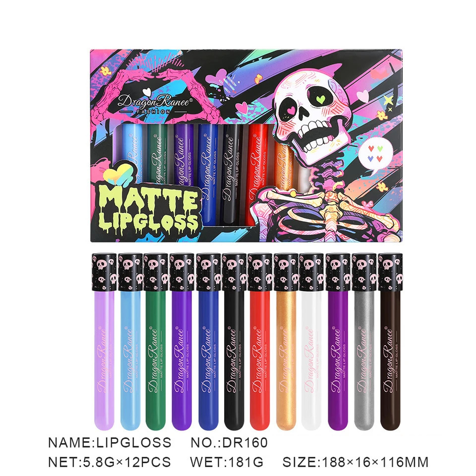 12PcsBox Matte Liquid Lipstick Makeup Colorful Black White Lip Gloss Waterproof Metallic Lip Glaze Halloween Party Cosmetics 250614
