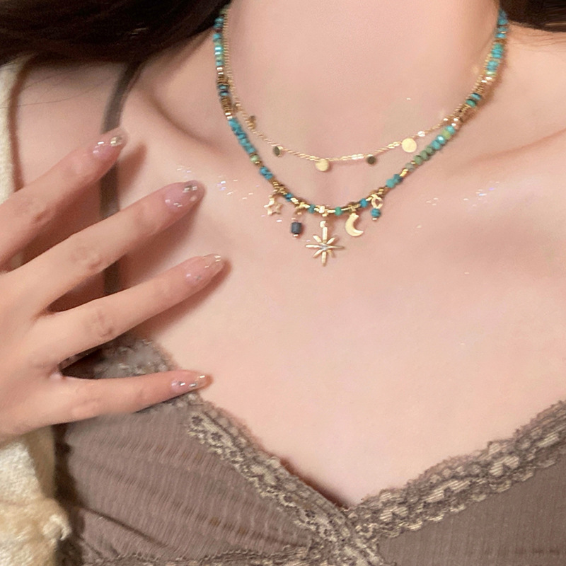 Fashion Bohemian Dia-Studded Sun and Moon Double Layer Stacked Unique Design Titanium Steel Necklace