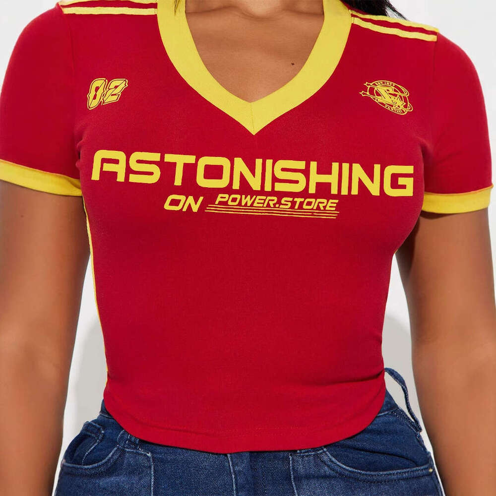 Autumn New Fashion Sports V-Neck Color Block Print Top Short Sleeve T-Shirt For Women B5