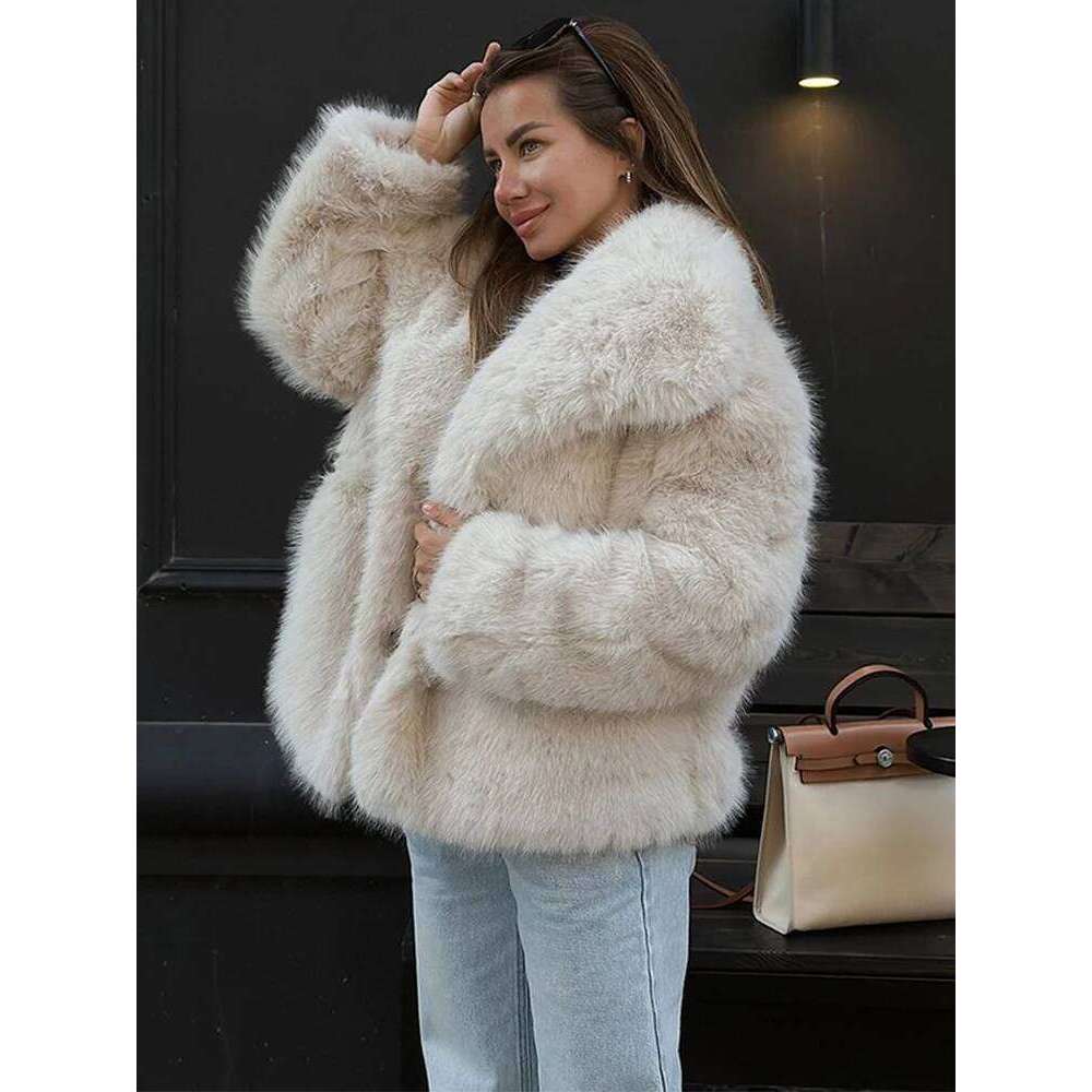 Vintage Large Lapel Faux Fur Coats Women Casual Plush Solid Hidden Button Coat Female Winter Thick Warm Chic Street Outwear