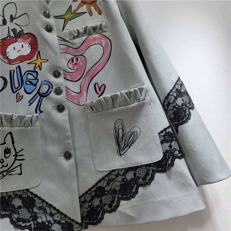 WTHT Trendy New Women Colorful Graffiti Spliced Lace Design Blazer 2025 Spring Fashion Lapel Long Sleeves Jacket Female 1LS1171