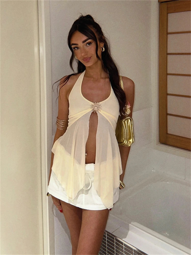 Absobe Halter Tie-Back Sheer Mesh Patchwork With Metal Accents Tank Top Backless Y2K Vest For Women Chic Streetwear Blouse 250614