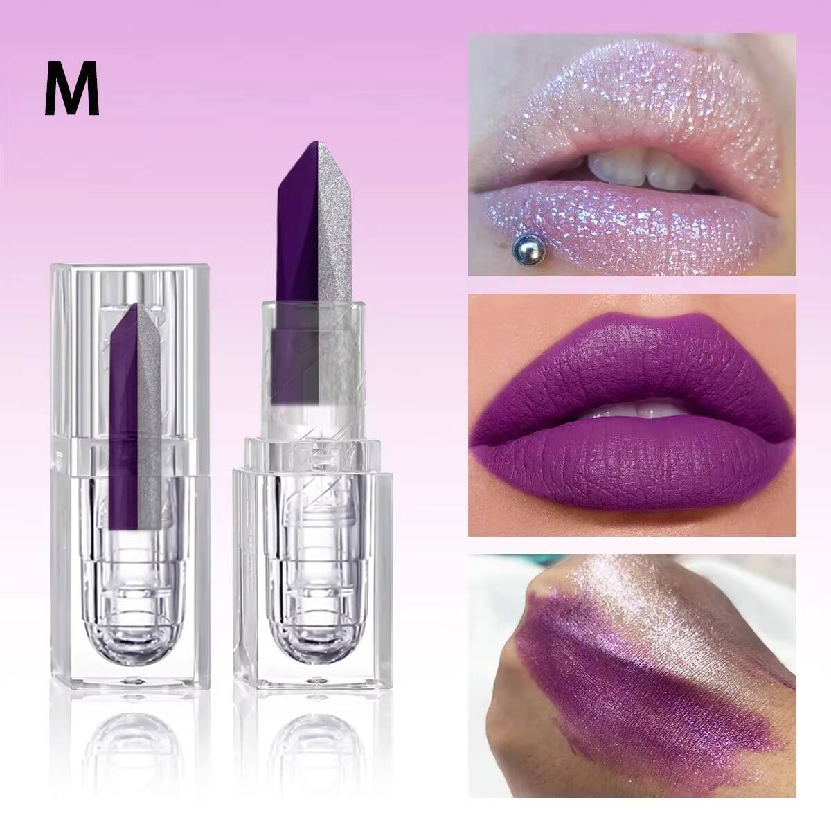 Two-tone Polarized Silver Lipstick Gradient Matte Purple Lasting Waterproof Metallic Black Moisturizing Lip Eye Makeup Stick happy