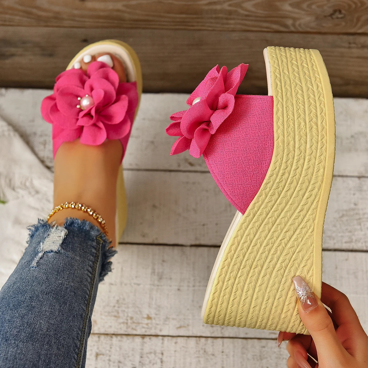 Aphixta Pearl Women Wedge Heels Slippers BabyPink Flower Sweet Mulers 4cm Platform Sandals Clog Shoe Slides Plus Size 43 250614