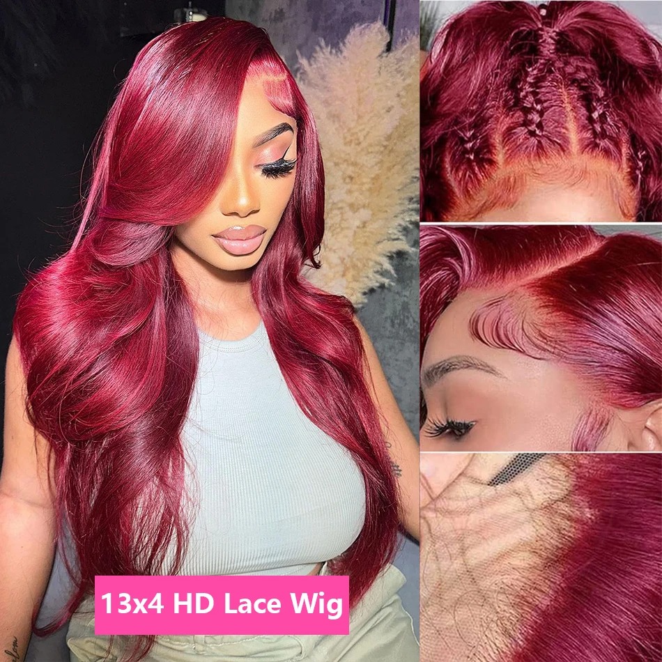 200 Density Burgundy HD Lace Frontal Human Hair Wig 99j Body Wave 13x4 Lace Front Wigs Human Hair Brazilian Lace Wigs Synthetic Wig