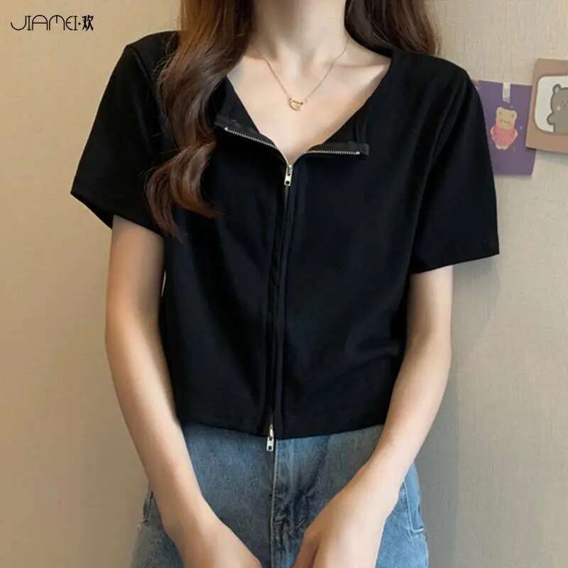 Womens Crop Top Summer T-shirt Woman Pink White Plain Short Sleeve Tees Elegant Classy Offe Clothing Black New in Old Pulovers