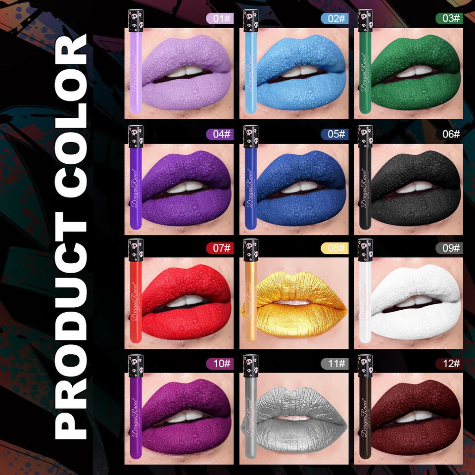 12PcsBox Matte Liquid Lipstick Makeup Colorful Black White Lip Gloss Waterproof Metallic Lip Glaze Halloween Party Cosmetics 250614