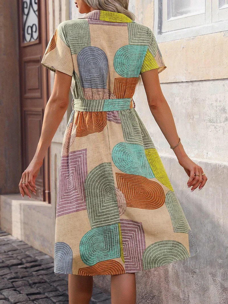 Elegant Vneck Geometric Print Summer Dress Womens Short Sleeve Buttoned Sleeveless Kneelength Elastic Waist Gown 250611