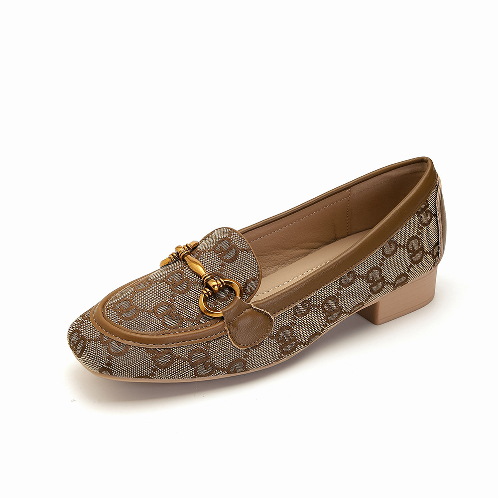 New Style Gold Button Embroidered Elegant Dress Shoes Party Versatile Fashion Letter Printed Low Heel Shoes Black Brown White