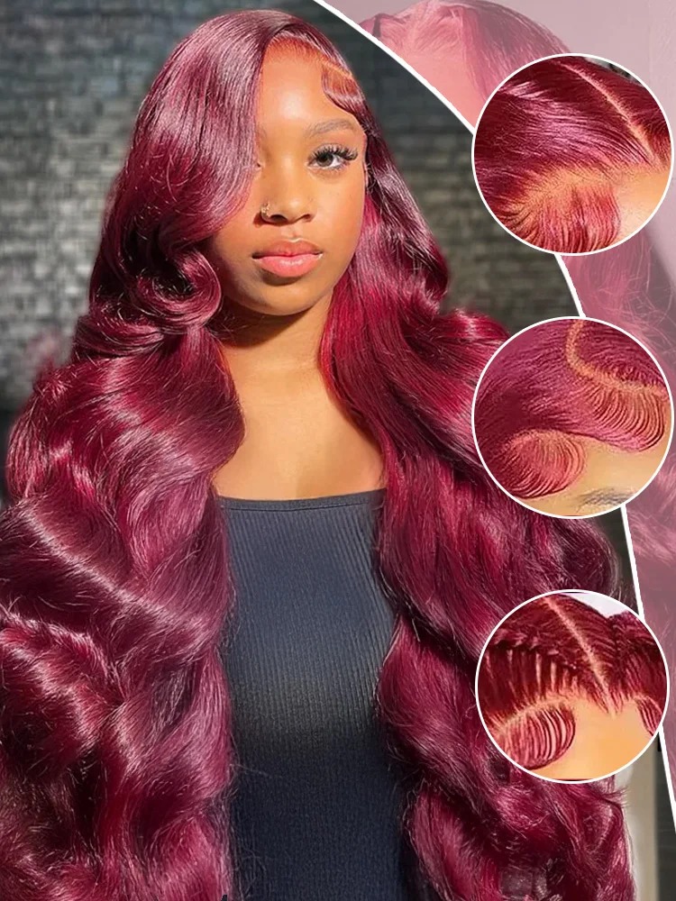 200 Density Burgundy HD Lace Frontal Human Hair Wig 99j Body Wave 13x4 Lace Front Wigs Human Hair Brazilian Lace Wigs Synthetic Wig