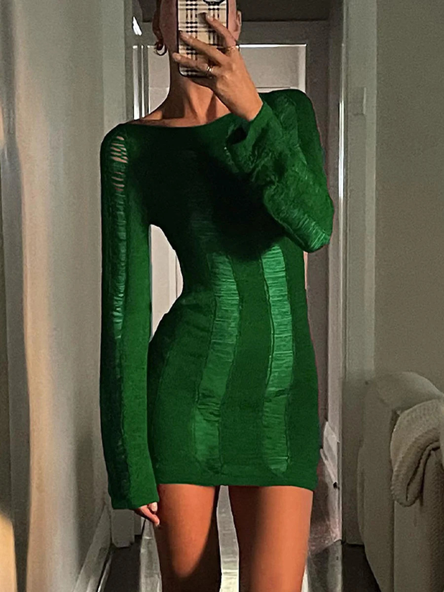 Puloru Sexy Knitted Cutout Short Dress Spring Summer Backless Long Sleeve Round Neck Wrapped Mini Dresses Streetwear Solid 250614