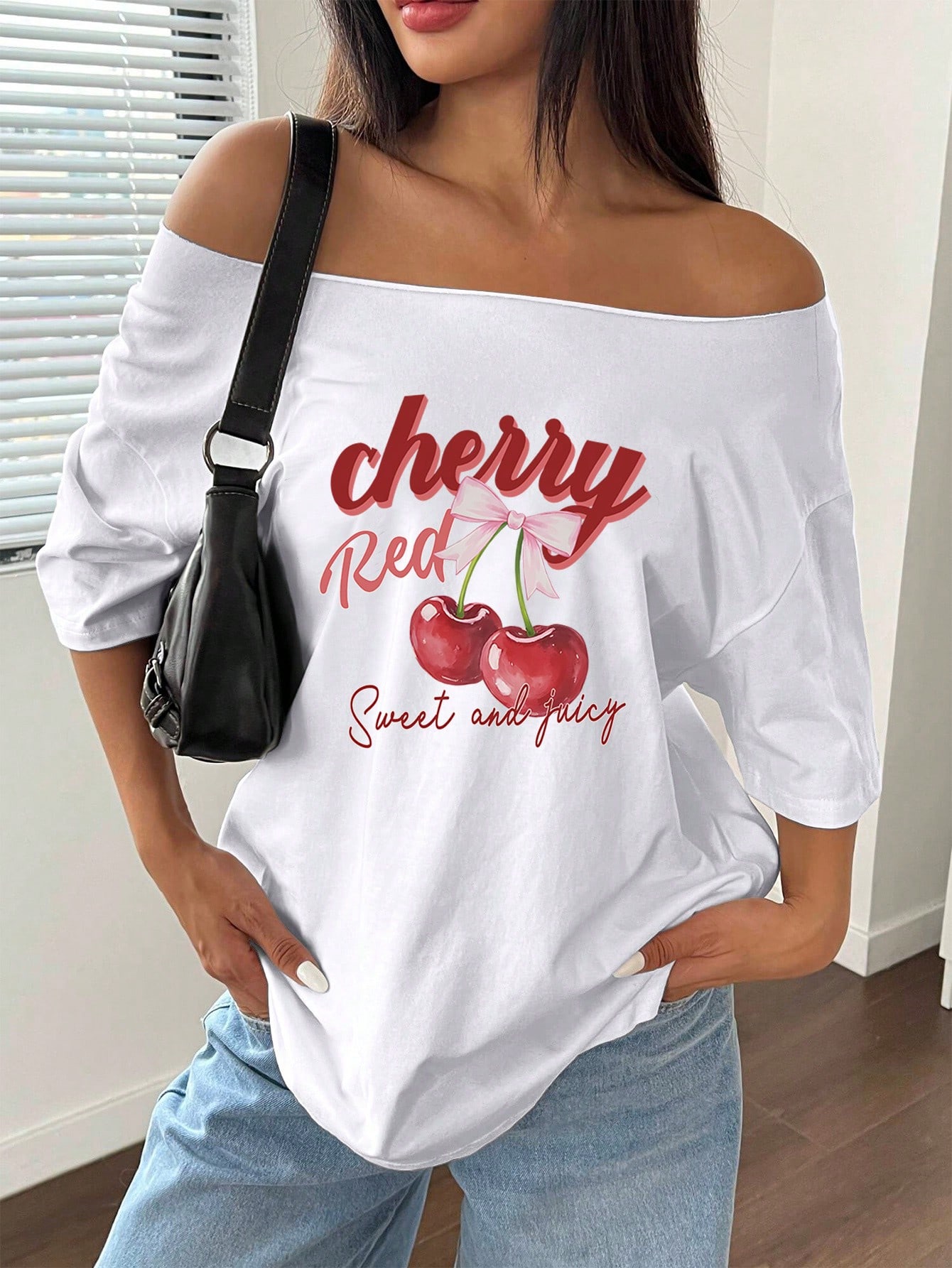Asymmetrical Neck Oversized Women's T-shirt Loose Pomegranate White Pure Cotton Casual T-shirt