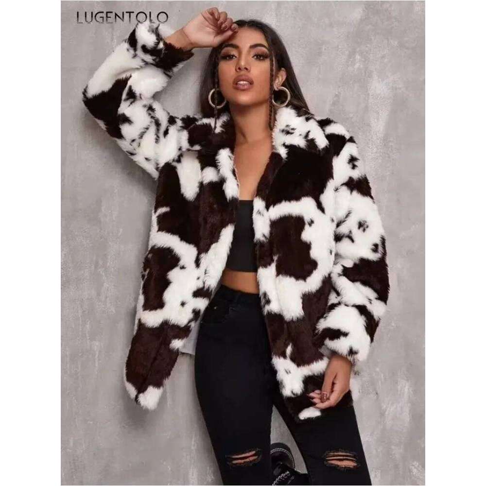 Women Faux Fur Jacket Autumn Winter Haruku-style Cow Print Black White Coet Female Loose New Fashion Warm Cloth