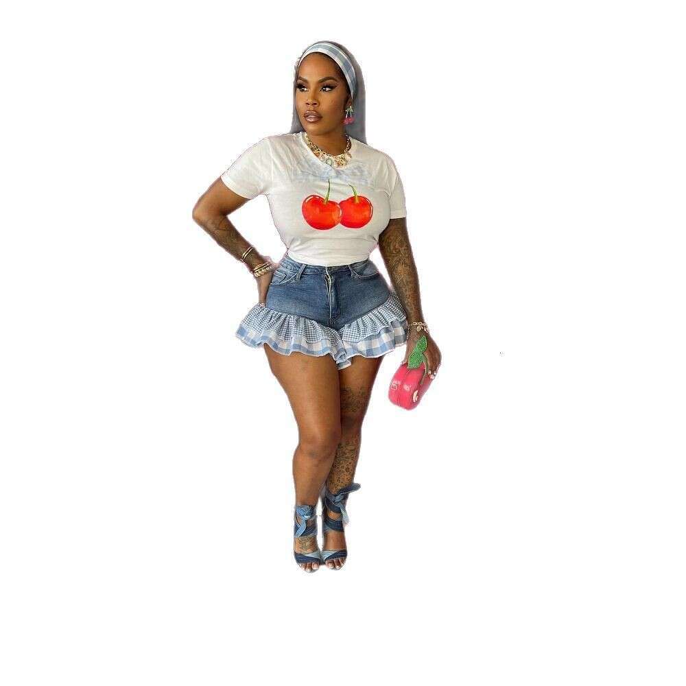 New Casual Versatile Street Style Girl Printed Elastic Round Neck Short Sleeve Simple Top T-Shirt B5