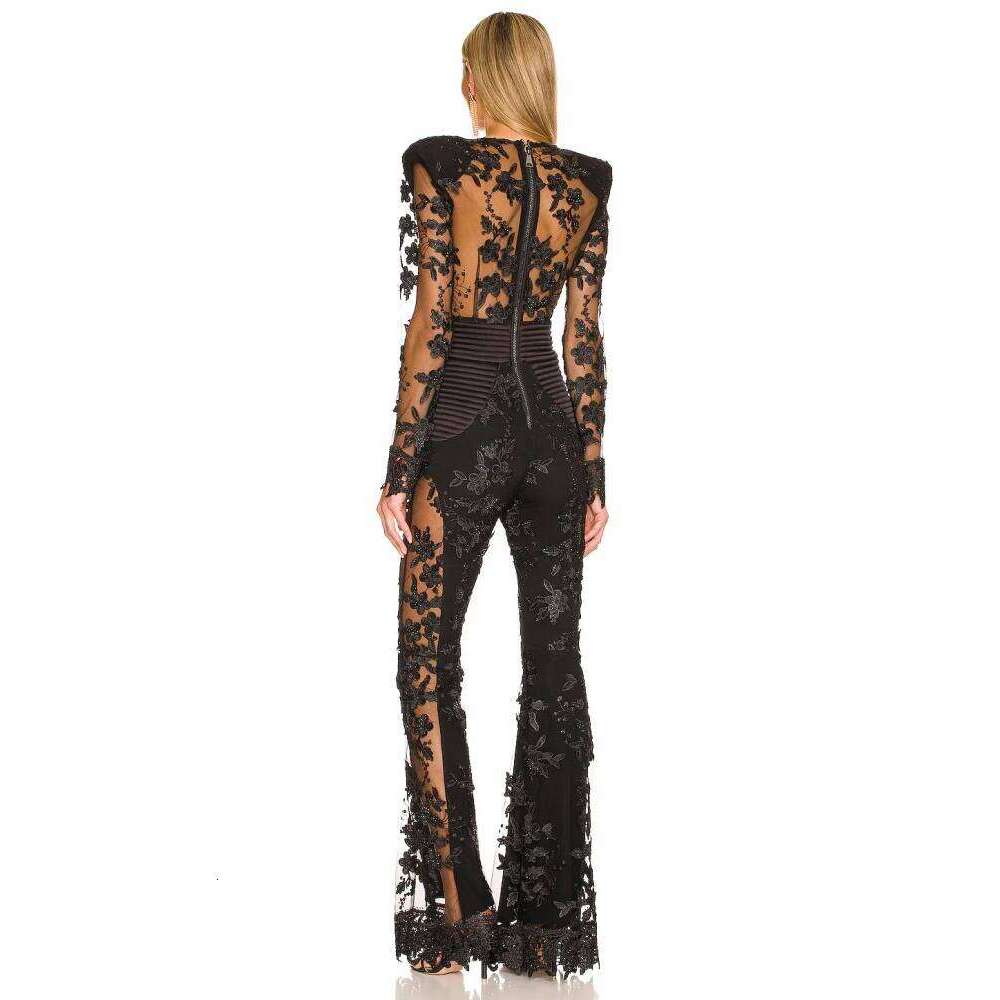 Sexy Deep V Neck Floral Dias Design Women Long Sleeve Lace Patchwork Beaded Wide Leg Jumpsuit Evening Runway